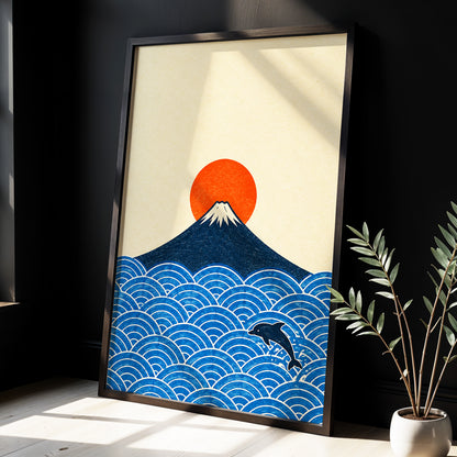 Fuji and the Leaping Dolphin, beige, blue, orange nature wall art displayed in a styled interior, gallery view 6