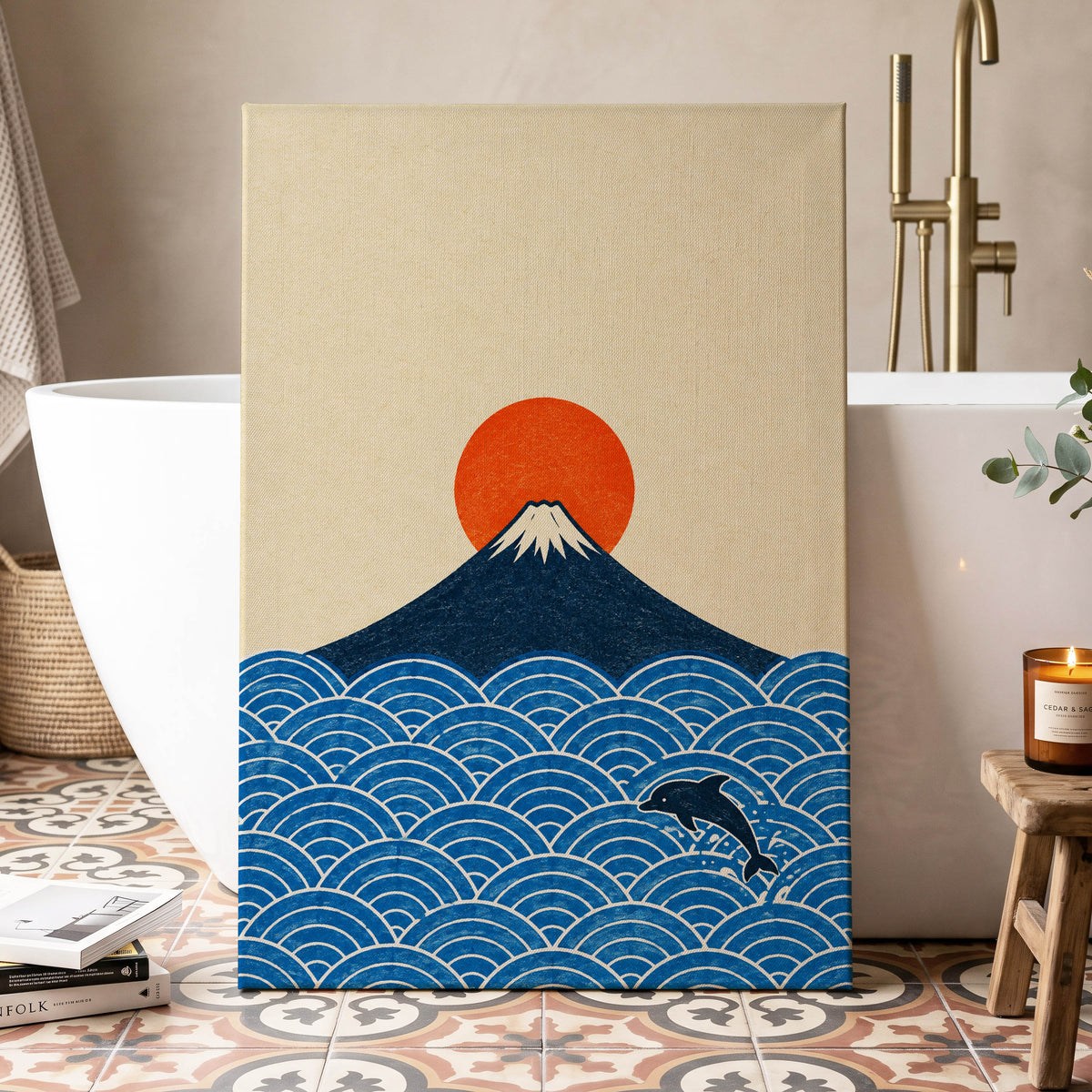 Fuji and the Leaping Dolphin, beige, blue, orange nature wall art displayed in a styled interior, gallery view 7