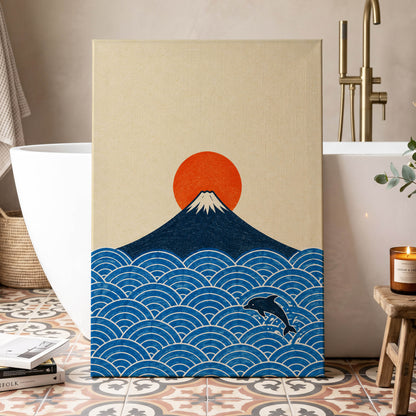 Fuji and the Leaping Dolphin, beige, blue, orange nature wall art displayed in a styled interior, gallery view 7