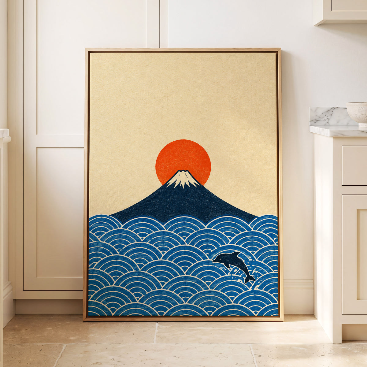 Fuji and the Leaping Dolphin, beige, blue, orange nature wall art displayed in a styled interior, gallery view 8