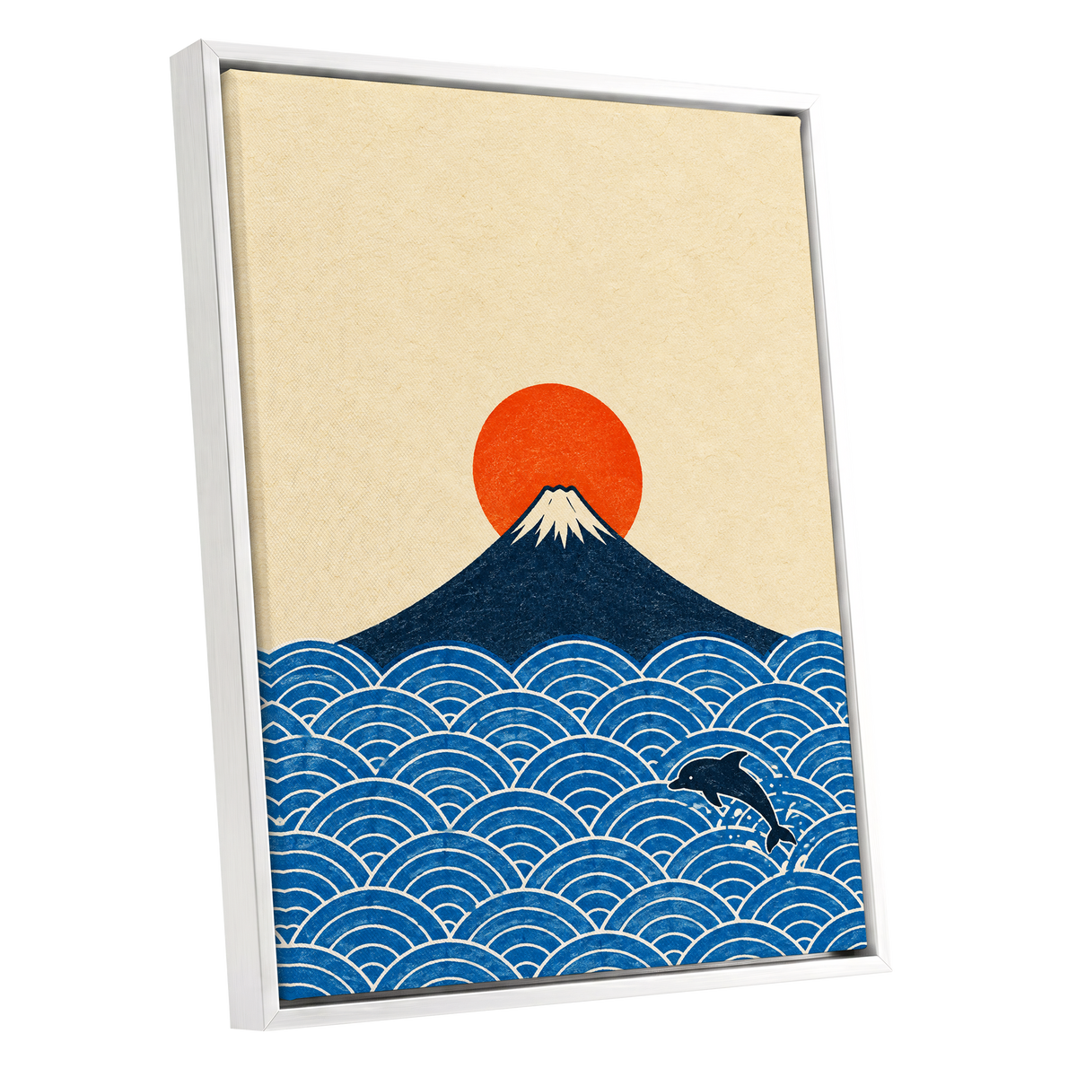 Fuji and the Leaping Dolphin, beige, blue, orange nature wall art shown as a white framed canvas wall art