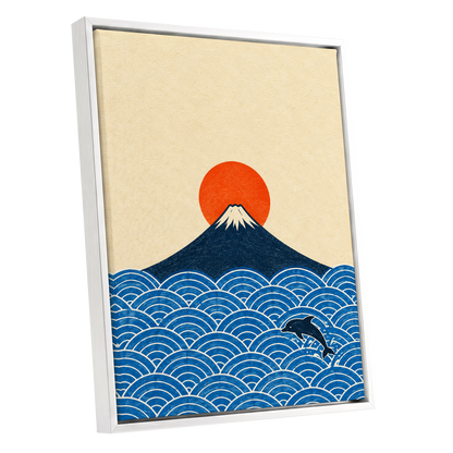 Fuji and the Leaping Dolphin, beige, blue, orange nature wall art shown as a white framed canvas wall art