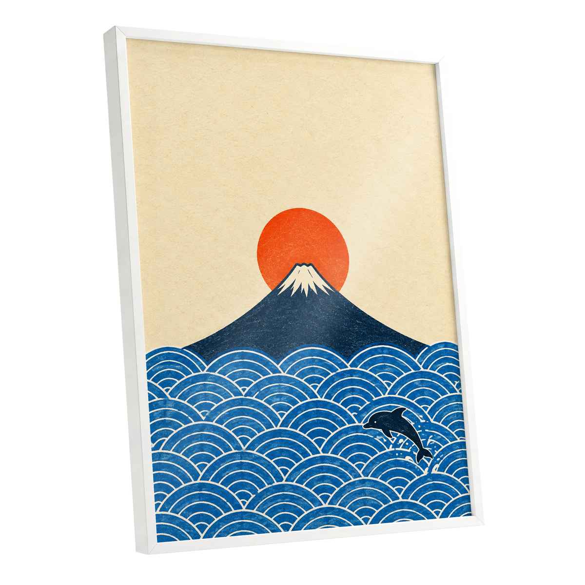 Fuji and the Leaping Dolphin, beige, blue, orange nature wall art shown as a white framed poster wall art print