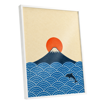 Fuji and the Leaping Dolphin, beige, blue, orange nature wall art shown as a white framed poster wall art print