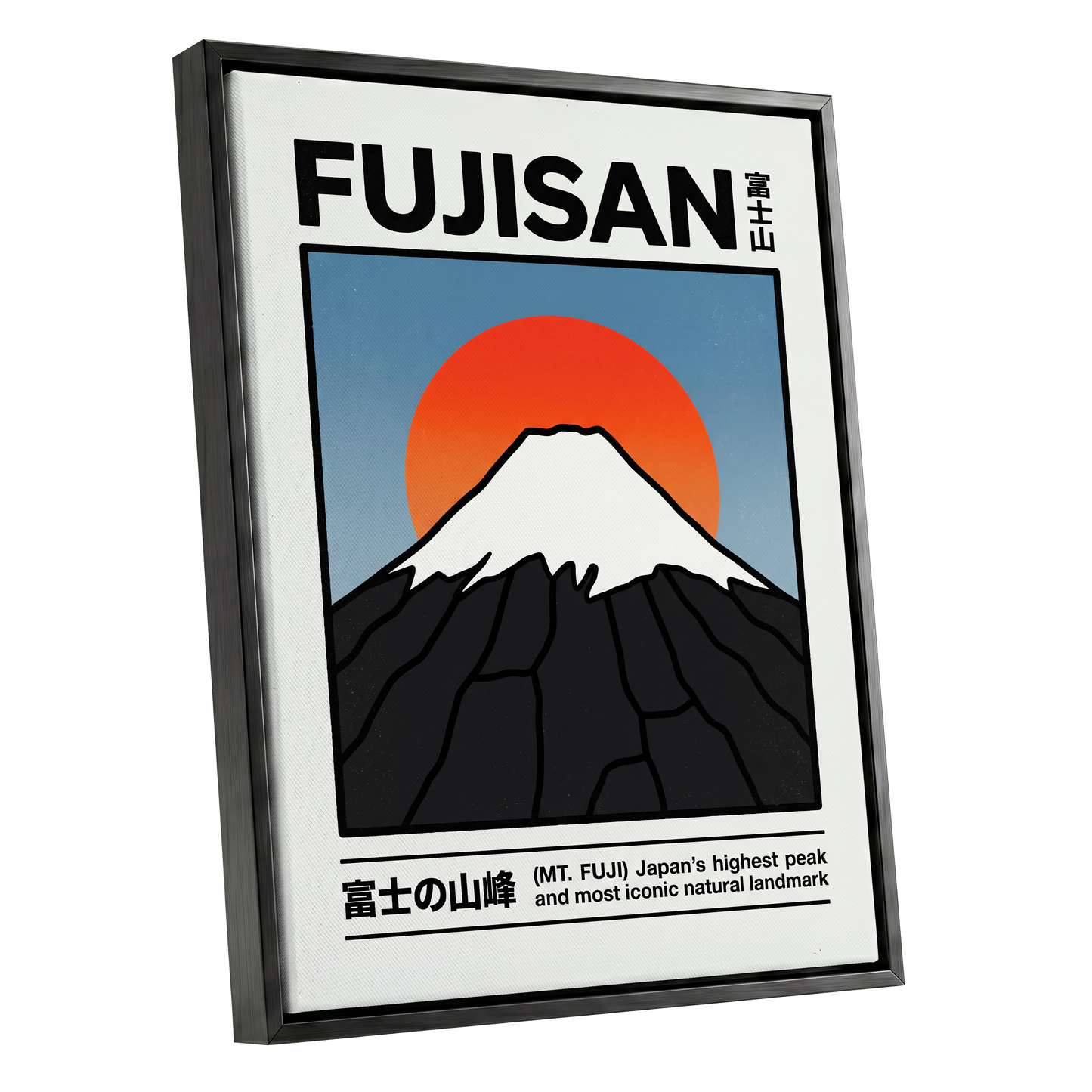 Fuji in First Light, black, white, blue nature wall art shown as a black framed canvas wall art