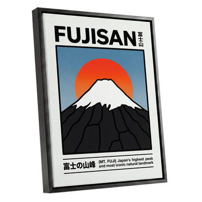 Fuji in First Light, black, white, blue nature wall art shown as a black framed canvas wall art