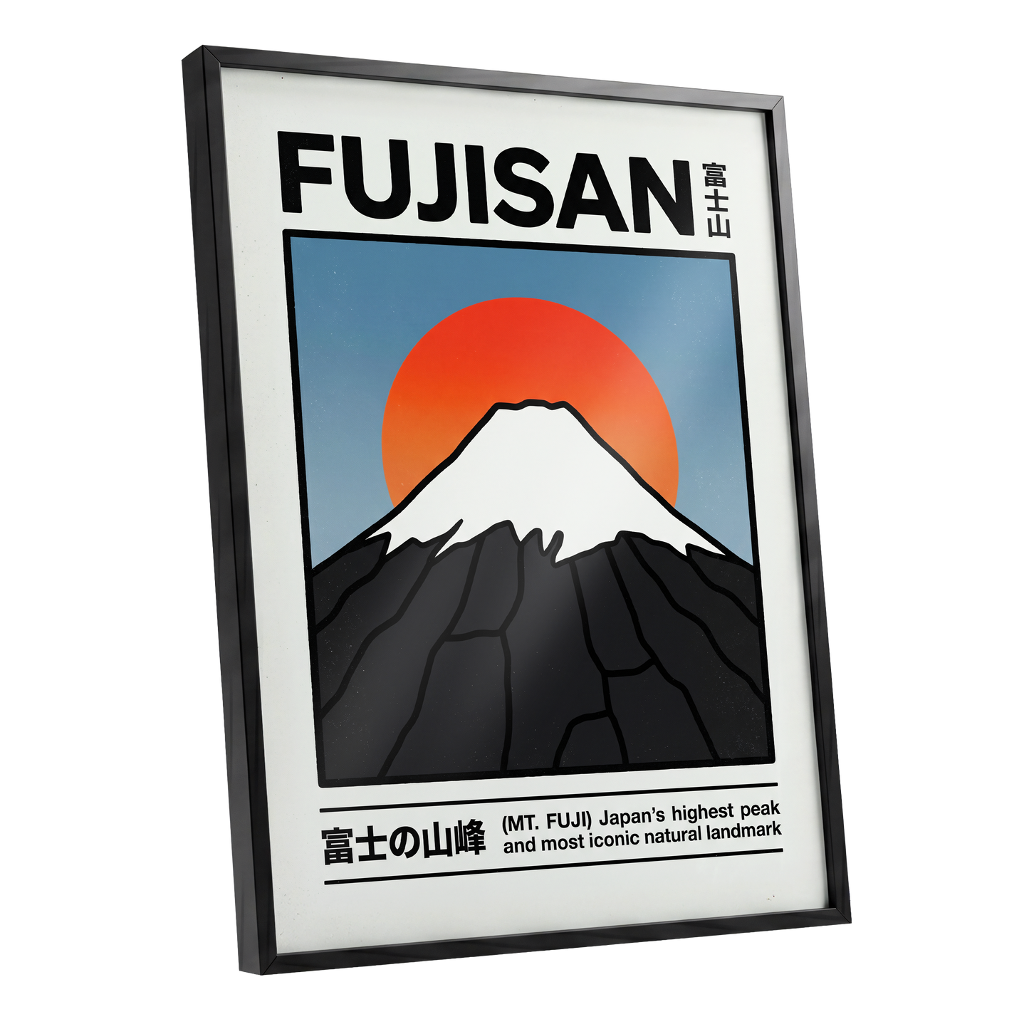 Fuji in First Light, black, white, blue nature wall art shown as a black framed poster wall art print
