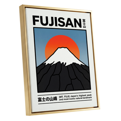 Fuji in First Light, black, white, blue nature wall art shown as a gold framed canvas wall art