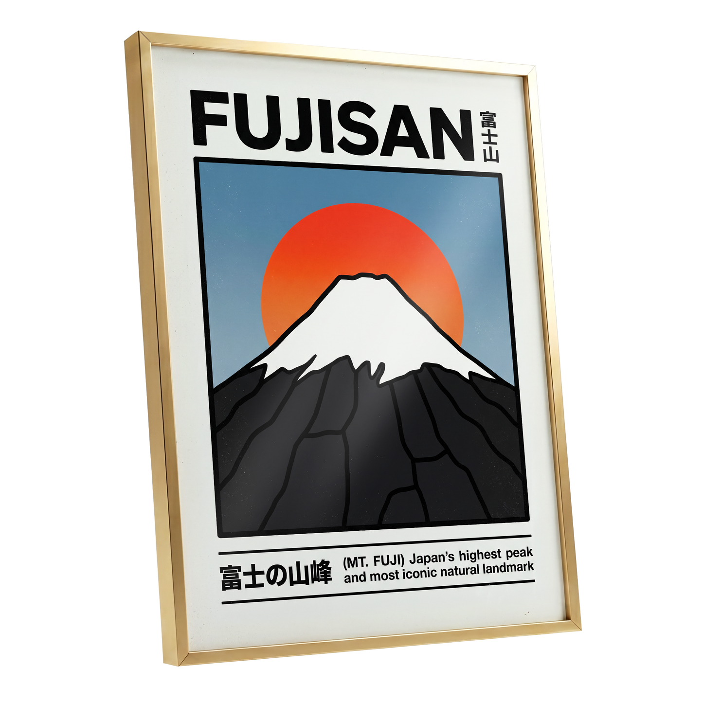 Fuji in First Light, black, white, blue nature wall art shown as a gold framed poster wall art print