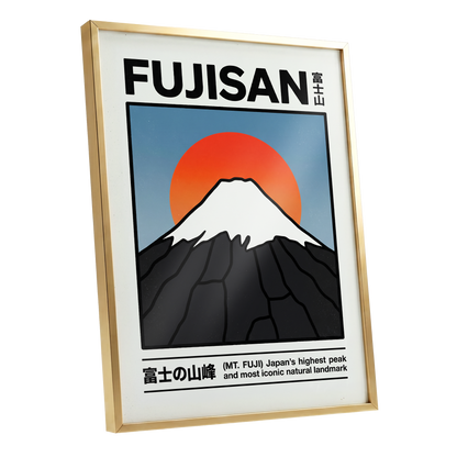 Fuji in First Light, black, white, blue nature wall art shown as a gold framed poster wall art print