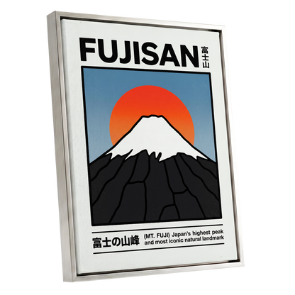 Fuji in First Light, black, white, blue nature wall art shown as a silver framed canvas wall art