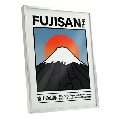 Fuji in First Light, black, white, blue nature wall art shown as a silver framed poster wall art print