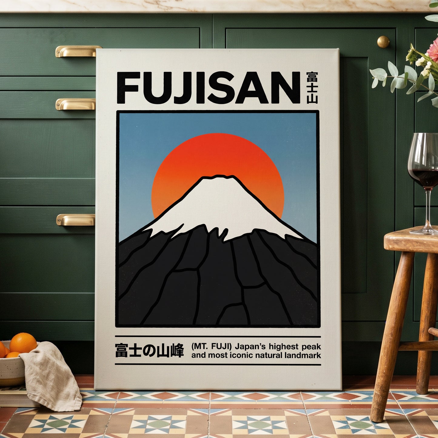 Fuji in First Light, black, white, blue nature wall art displayed in a styled interior, gallery view 3