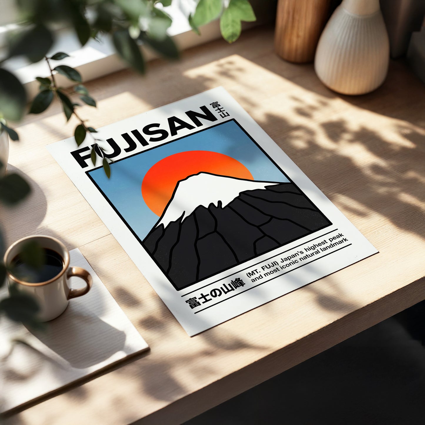 Fuji in First Light, black, white, blue nature wall art displayed in a styled interior, gallery view 5