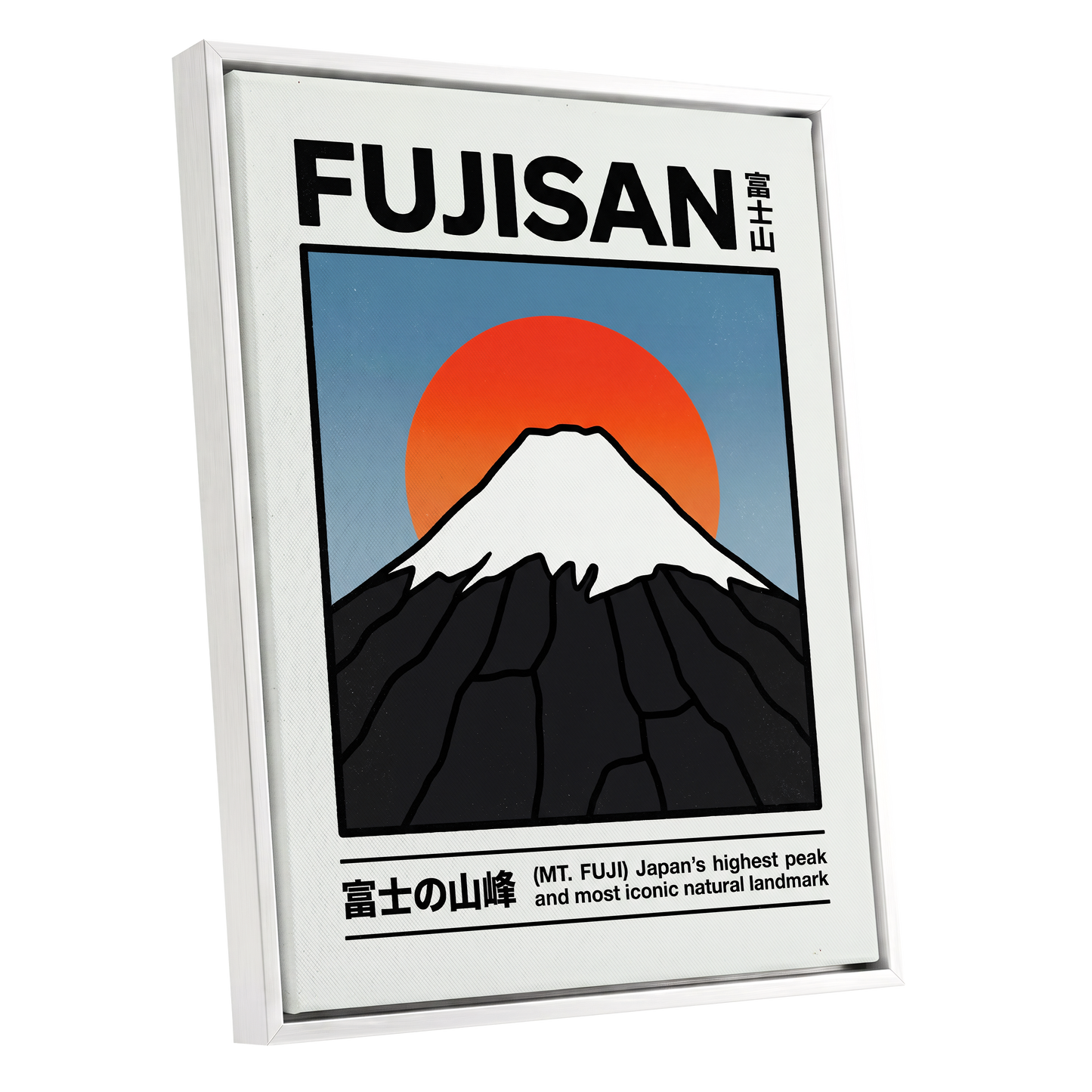 Fuji in First Light, black, white, blue nature wall art shown as a white framed canvas wall art