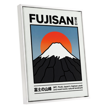 Fuji in First Light, black, white, blue nature wall art shown as a white framed canvas wall art