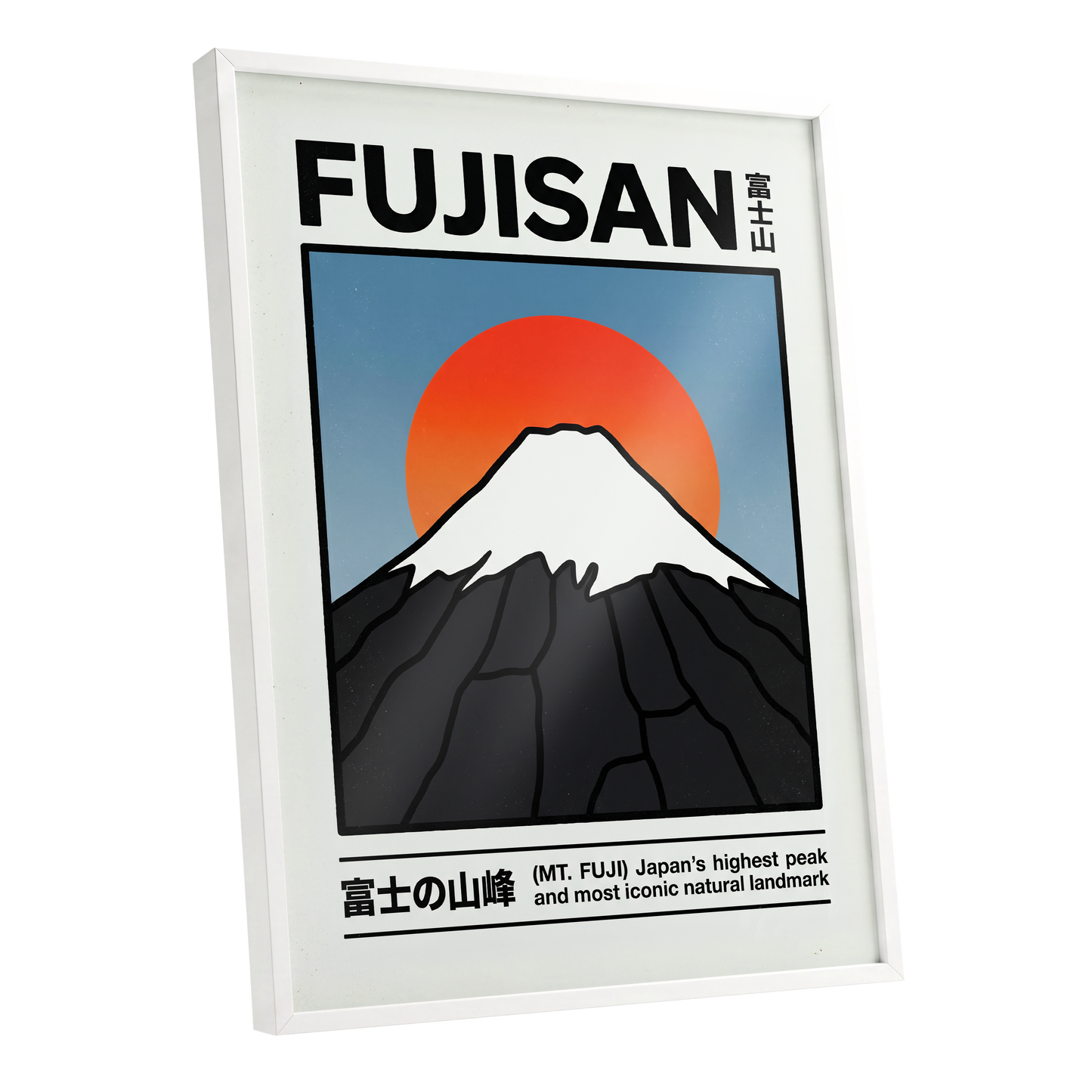 Fuji in First Light, black, white, blue nature wall art shown as a white framed poster wall art print