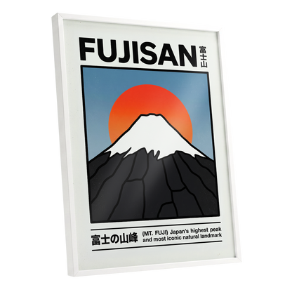 Fuji in First Light, black, white, blue nature wall art shown as a white framed poster wall art print