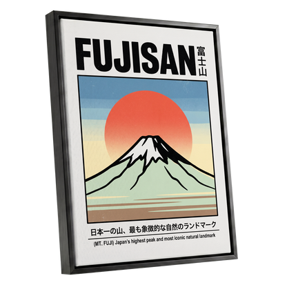 Fuji Rising Sun, white, black, blue nature wall art shown as a black framed canvas wall art