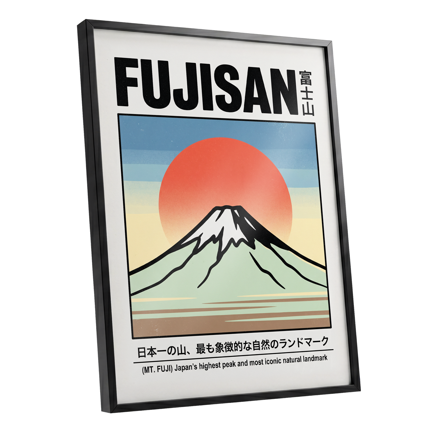 Fuji Rising Sun, white, black, blue nature wall art shown as a black framed poster wall art print