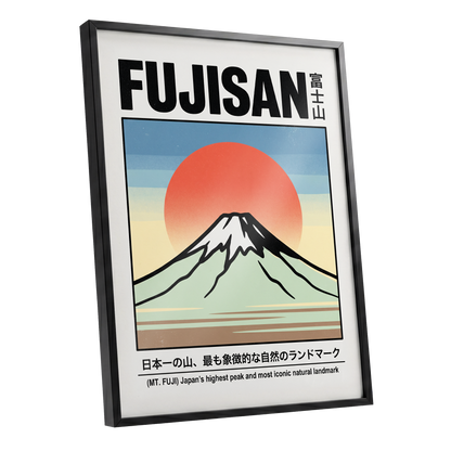 Fuji Rising Sun, white, black, blue nature wall art shown as a black framed poster wall art print