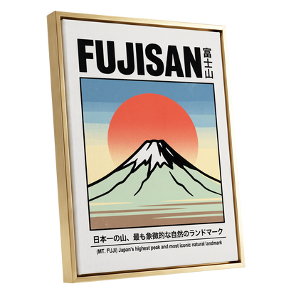 Fuji Rising Sun, white, black, blue nature wall art shown as a gold framed canvas wall art