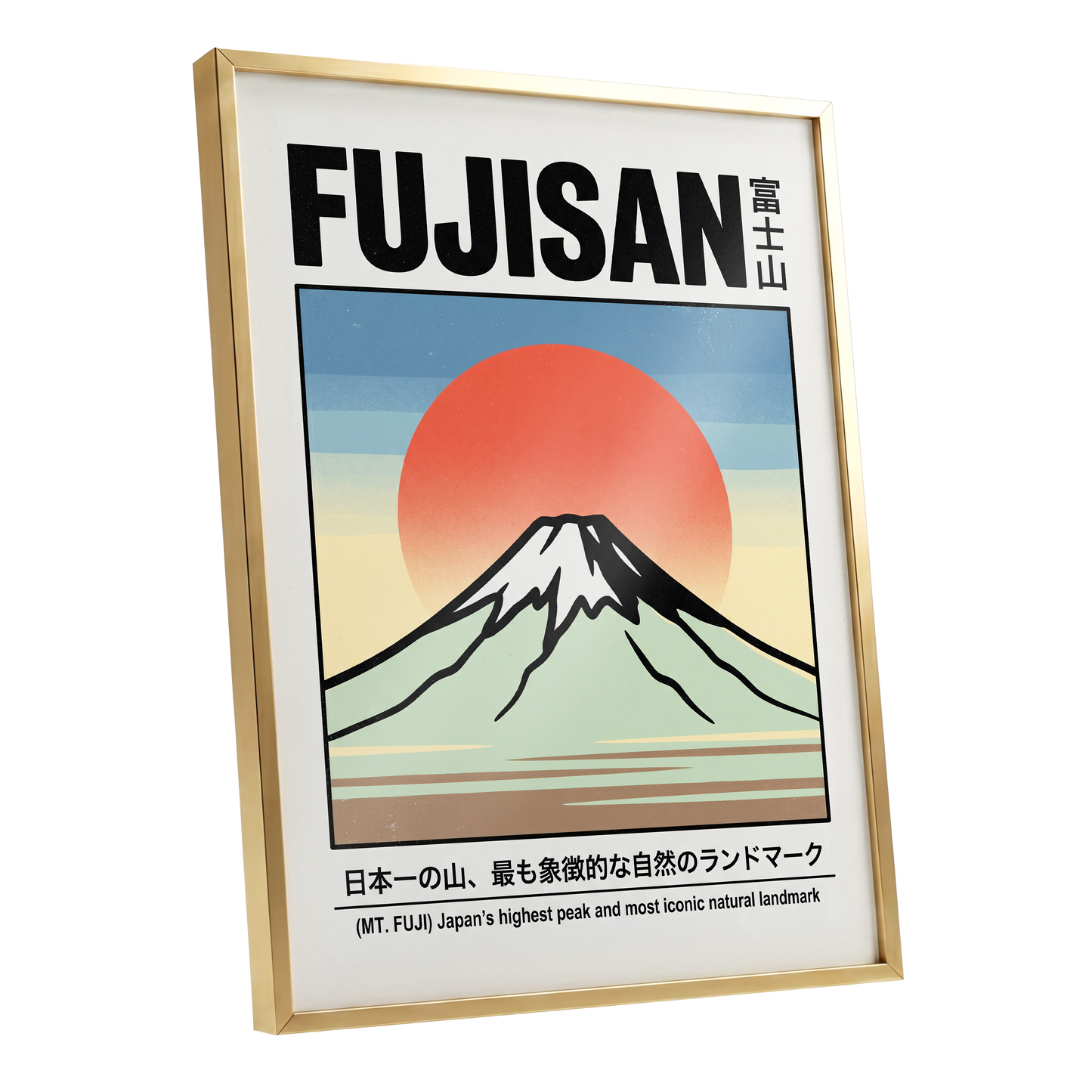 Fuji Rising Sun, white, black, blue nature wall art shown as a gold framed poster wall art print