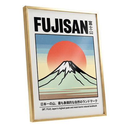 Fuji Rising Sun, white, black, blue nature wall art shown as a gold framed poster wall art print