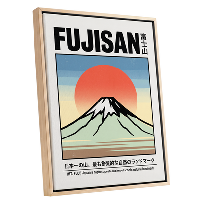 Fuji Rising Sun, white, black, blue nature wall art shown as a oak framed canvas wall art