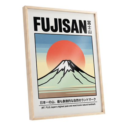 Fuji Rising Sun, white, black, blue nature wall art shown as a oak framed poster wall art print