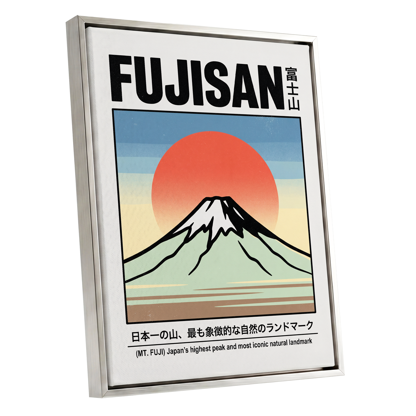 Fuji Rising Sun, white, black, blue nature wall art shown as a silver framed canvas wall art