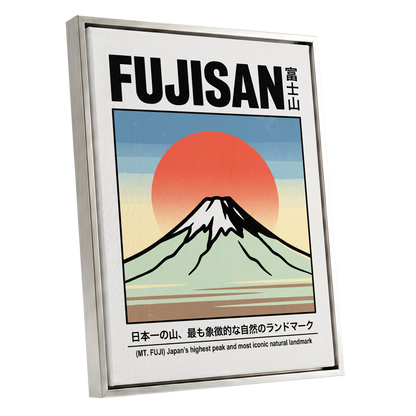 Fuji Rising Sun, white, black, blue nature wall art shown as a silver framed canvas wall art