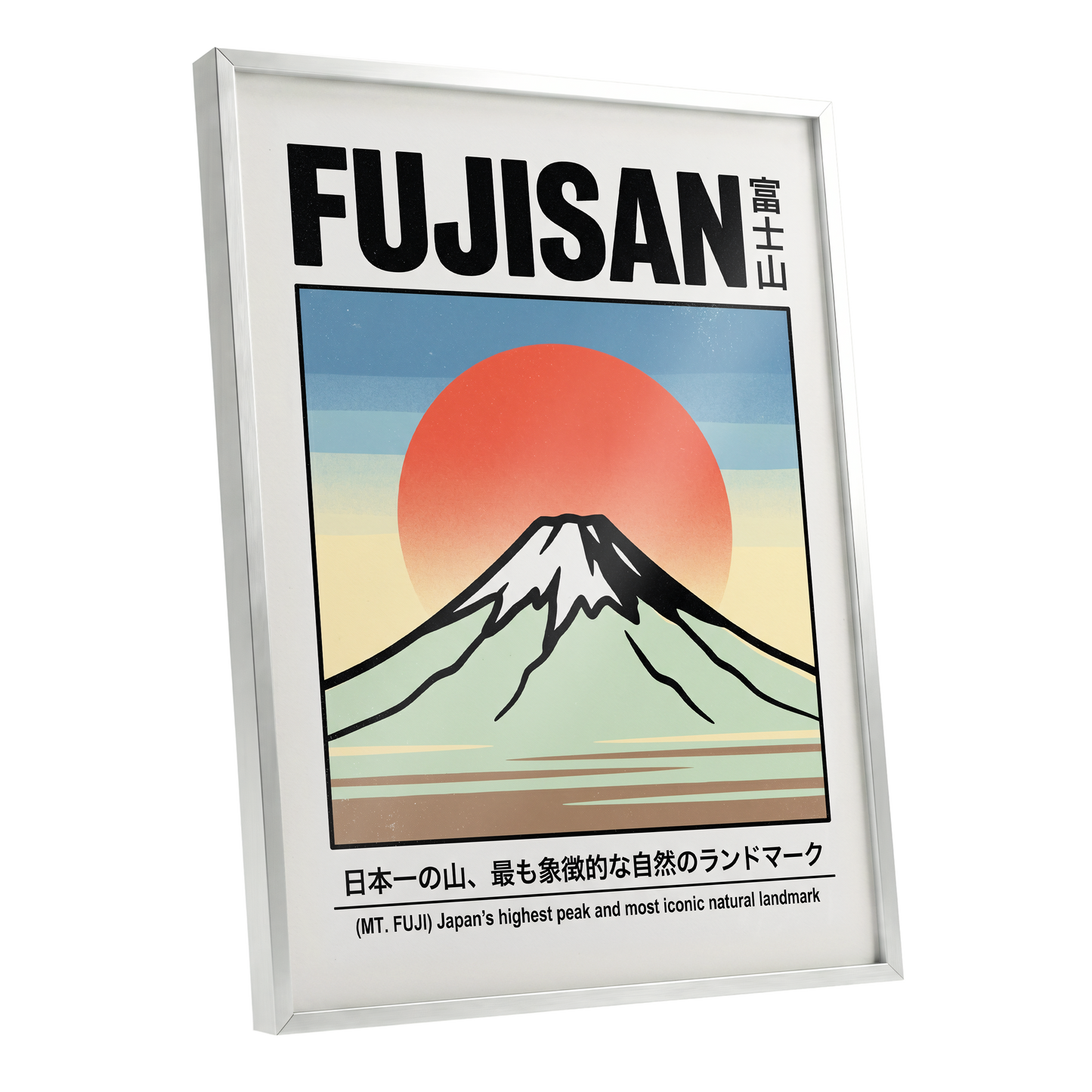 Fuji Rising Sun, white, black, blue nature wall art shown as a silver framed poster wall art print
