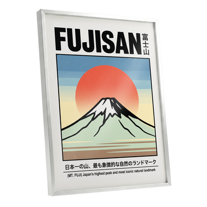 Fuji Rising Sun, white, black, blue nature wall art shown as a silver framed poster wall art print