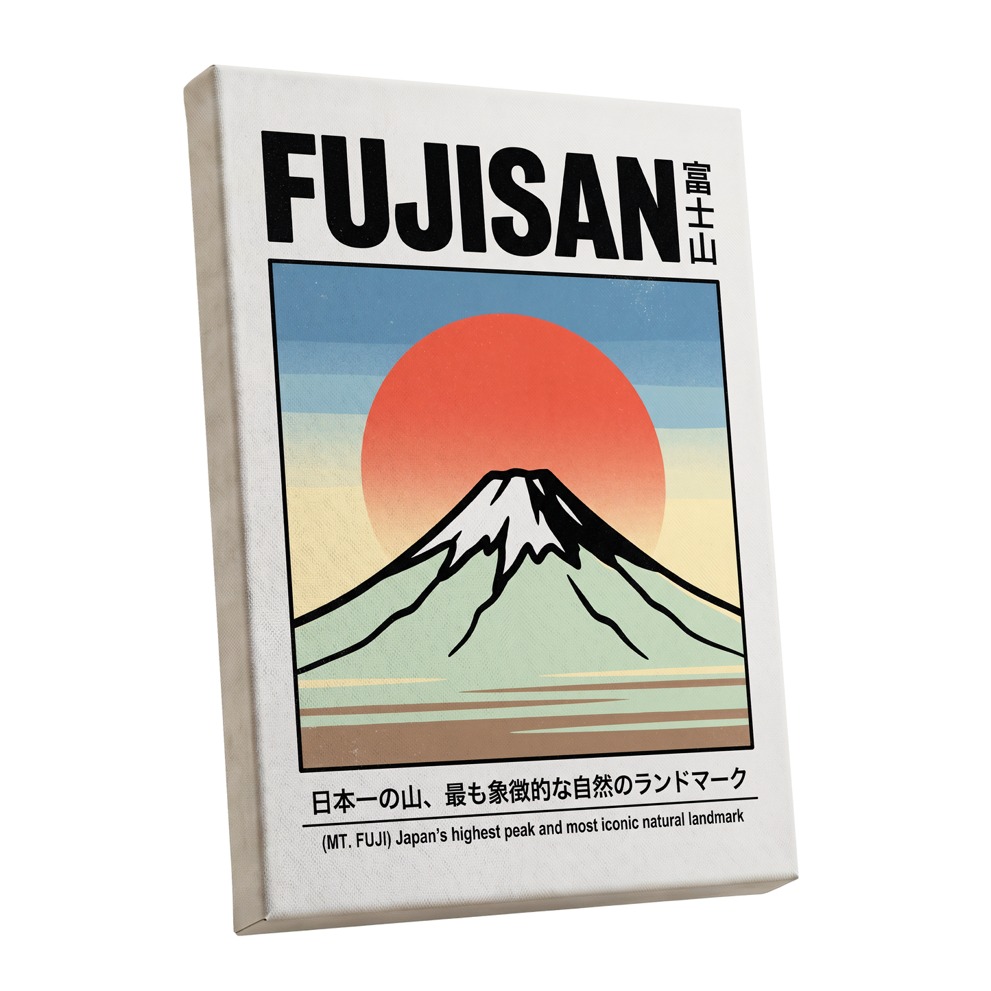 Fuji Rising Sun, white, black, blue nature wall art shown as a stretched canvas wall art