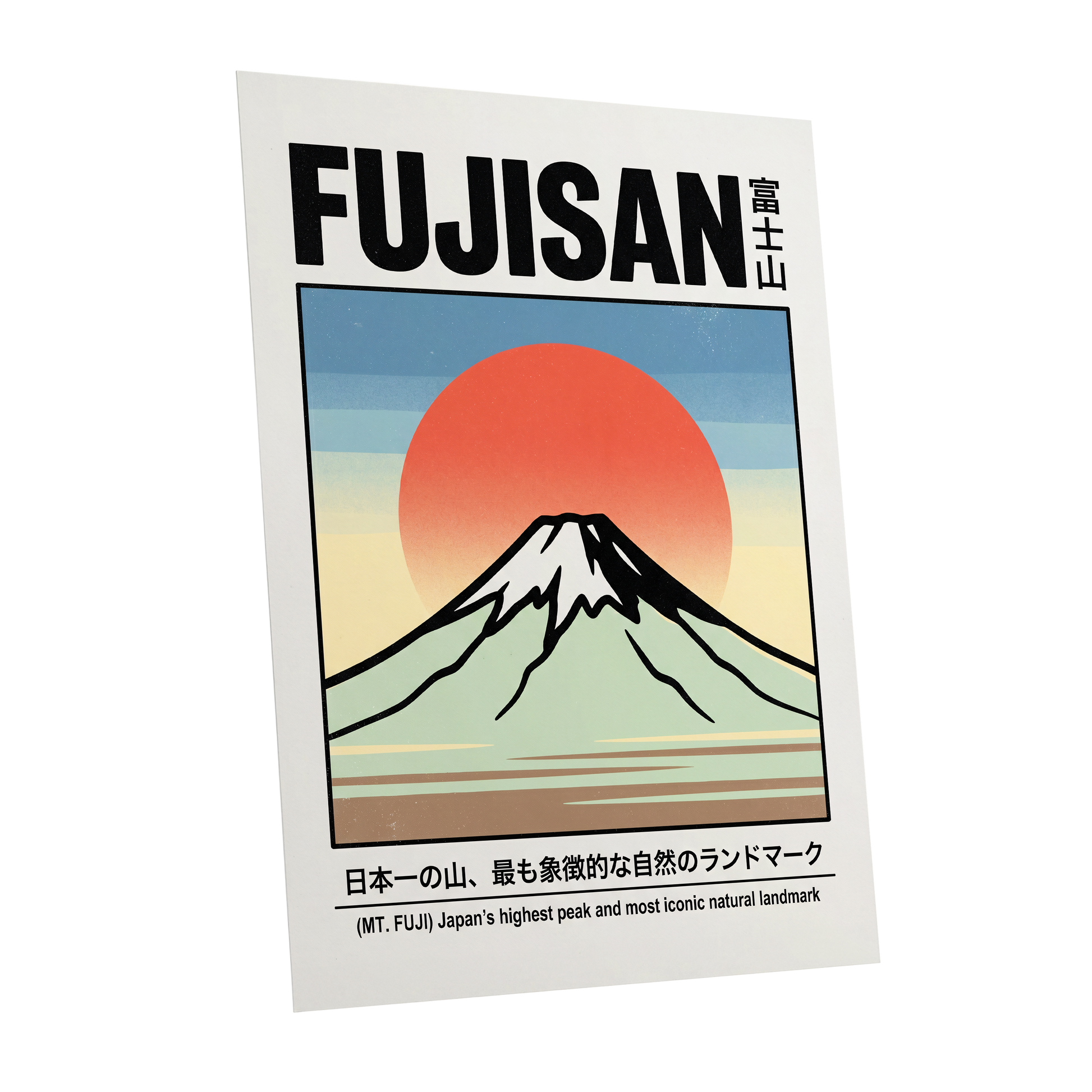 Fuji Rising Sun, white, black, blue nature wall art shown as a unframed poster wall art print