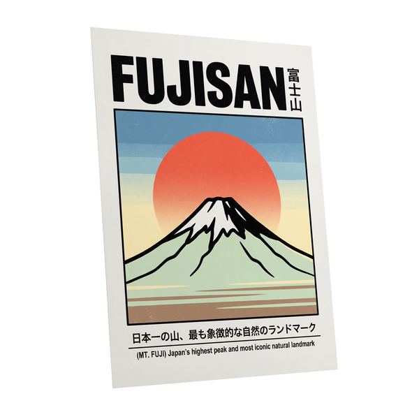 Fuji Rising Sun, white, black, blue nature wall art shown as a unframed poster wall art print