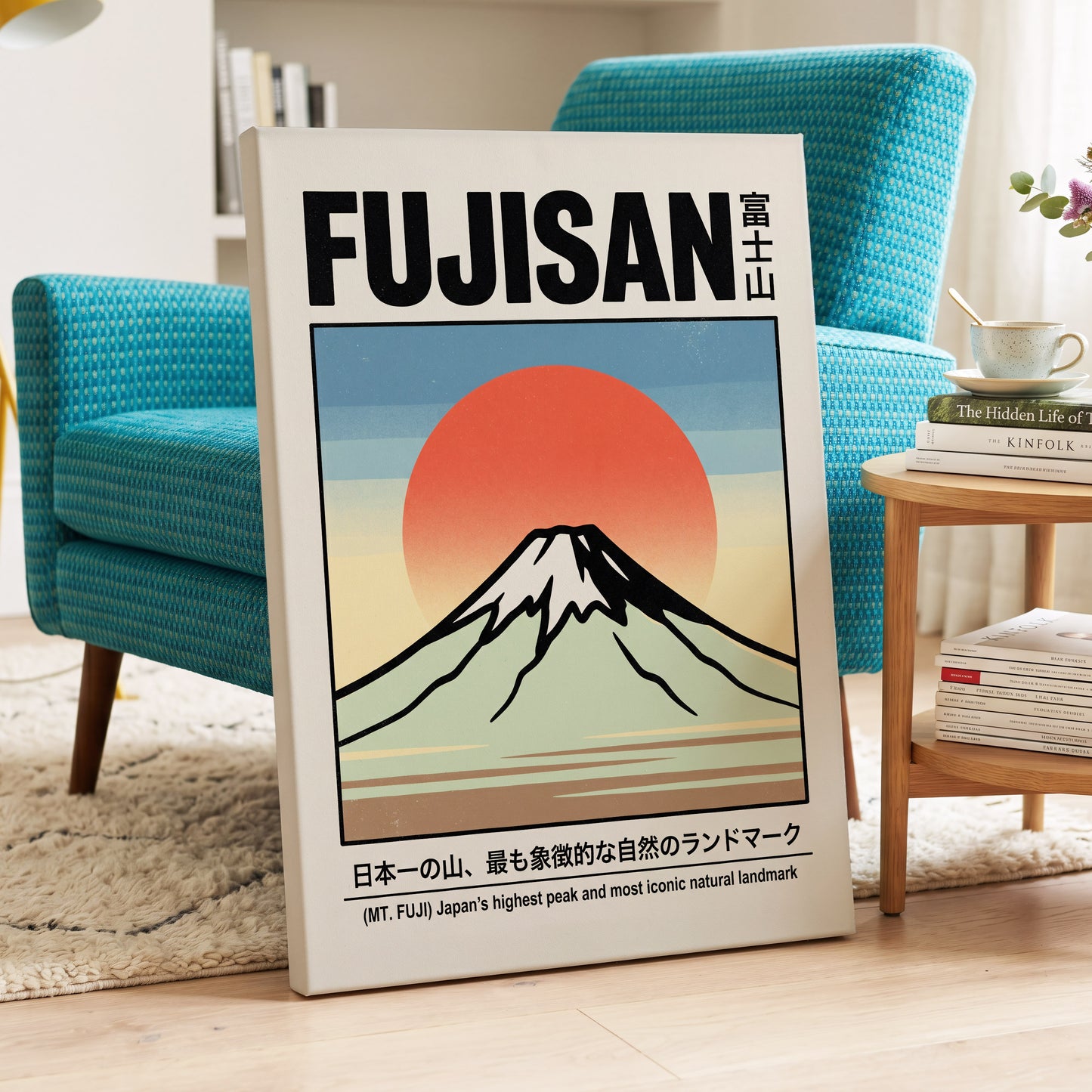 Fuji Rising Sun, white, black, blue nature wall art displayed in a styled interior, gallery view 7