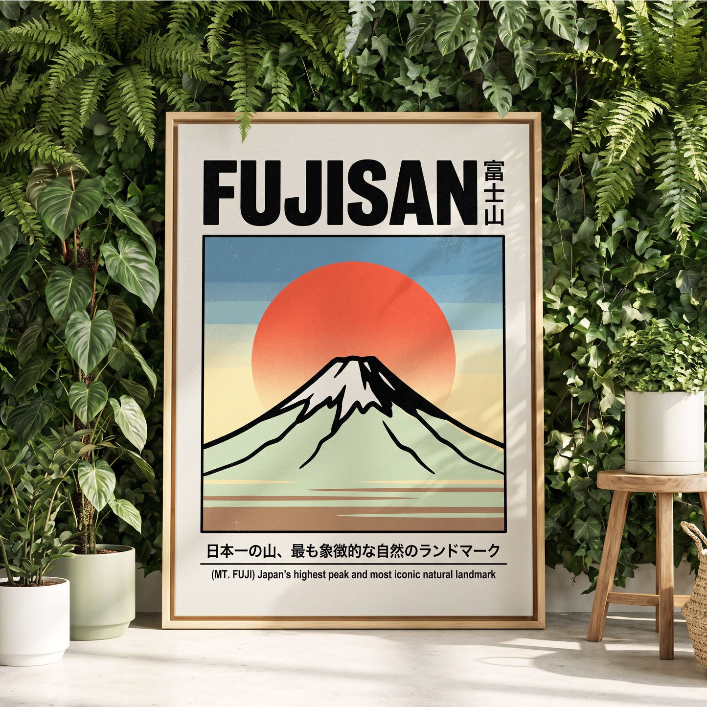 Fuji Rising Sun, white, black, blue nature wall art displayed in a styled interior, gallery view 8