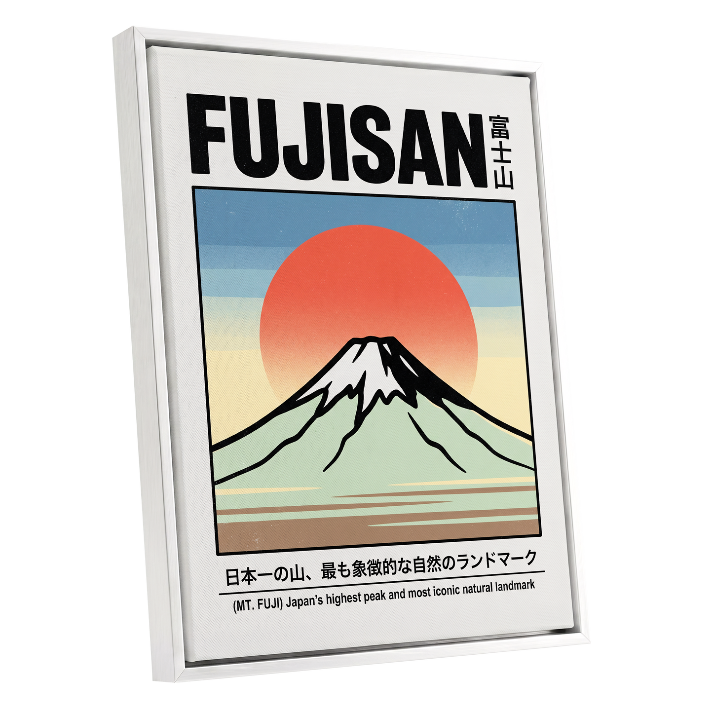 Fuji Rising Sun, white, black, blue nature wall art shown as a white framed canvas wall art