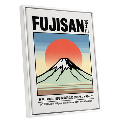 Fuji Rising Sun, white, black, blue nature wall art shown as a white framed canvas wall art