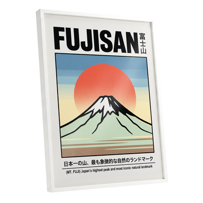 Fuji Rising Sun, white, black, blue nature wall art shown as a white framed poster wall art print
