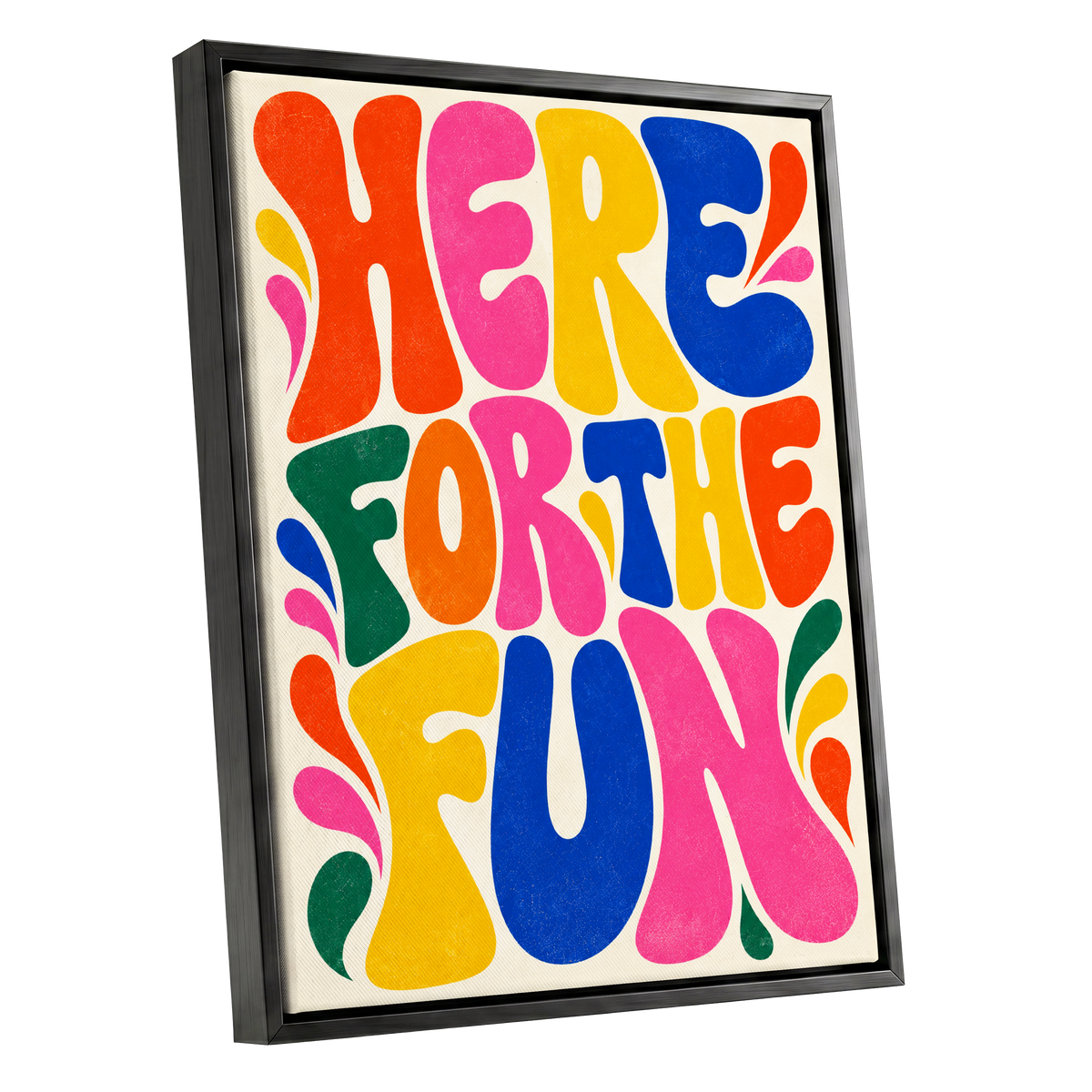 Full Colour Fun, pink, yellow, blue abstract wall art shown as a black framed canvas wall art