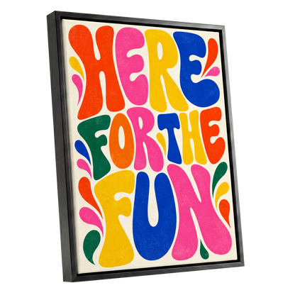 Full Colour Fun, pink, yellow, blue abstract wall art shown as a black framed canvas wall art