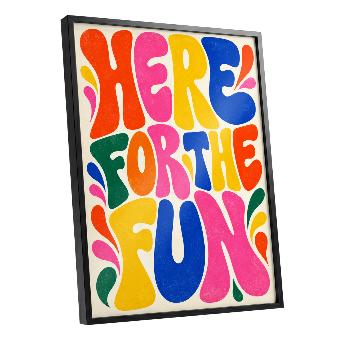Full Colour Fun, pink, yellow, blue abstract wall art shown as a black framed poster wall art print