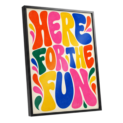 Full Colour Fun, pink, yellow, blue abstract wall art shown as a black framed poster wall art print