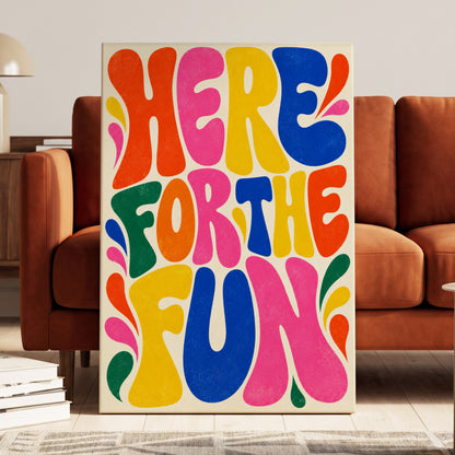 Full Colour Fun, pink, yellow, blue abstract wall art on canvas displayed in a styled interior, gallery view 1