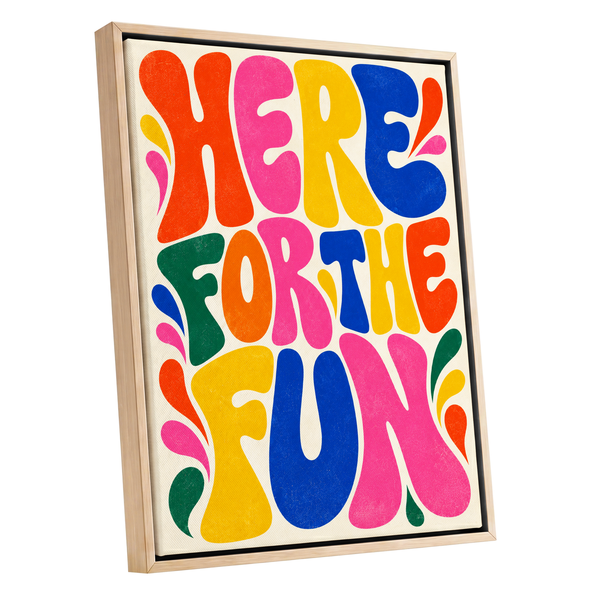 Full Colour Fun, pink, yellow, blue abstract wall art shown as a oak framed canvas wall art
