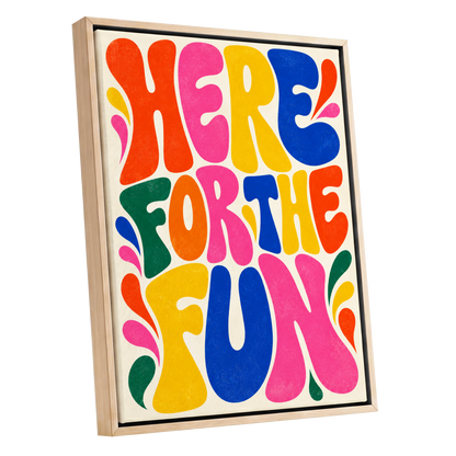 Full Colour Fun, pink, yellow, blue abstract wall art shown as a oak framed canvas wall art