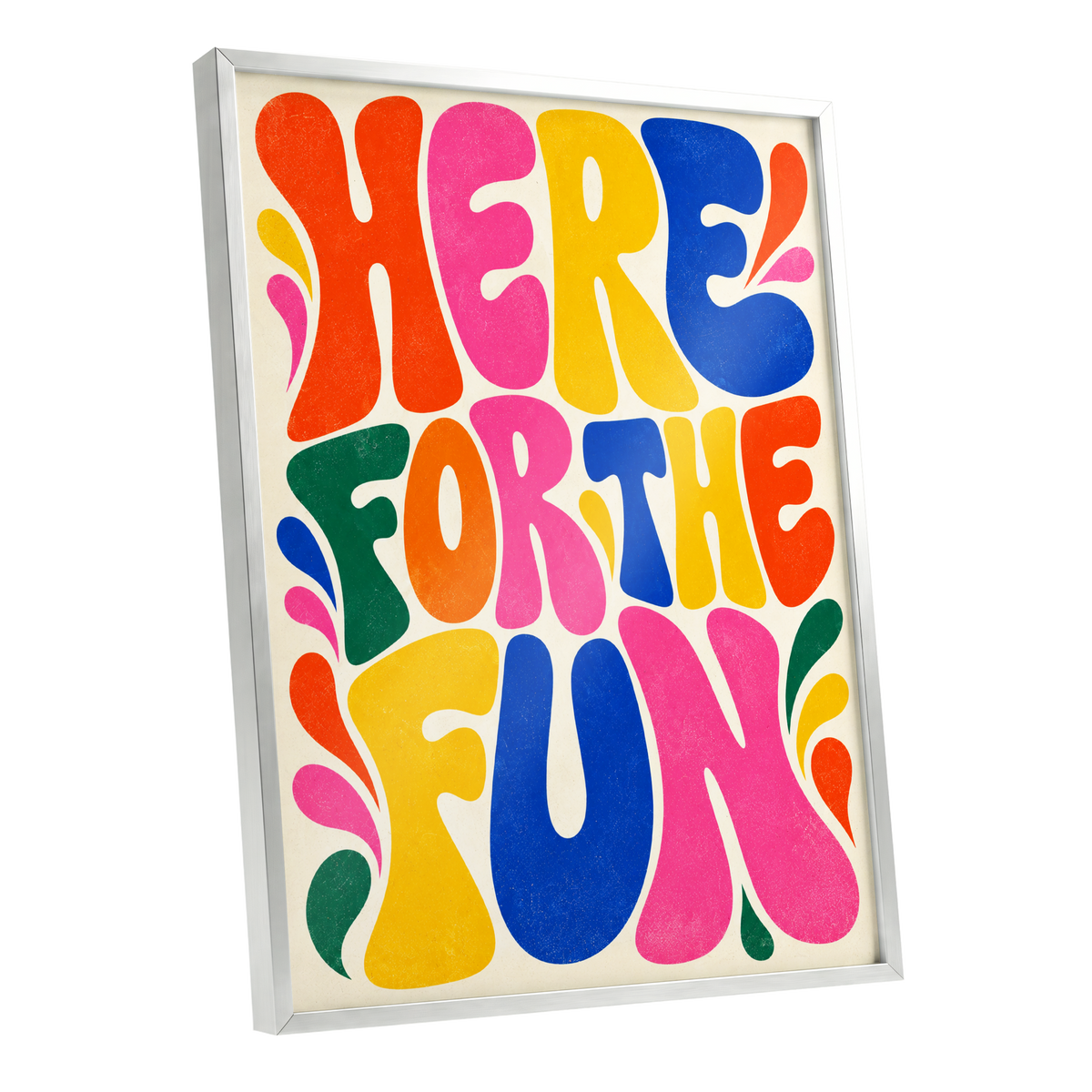 Full Colour Fun, pink, yellow, blue abstract wall art shown as a silver framed poster wall art print